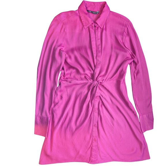 💗 ZARA Satin Shirt Dress – Size L – Fuchsia – Preowned - Picture 2 of 5
